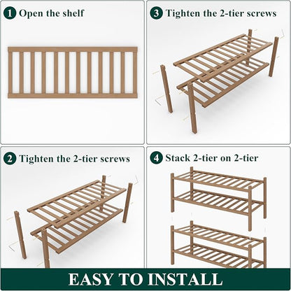 Smiry Bamboo Shoe Rack, 4 Tier Free Standing Wooden Shoe Organizer, Stackable Wood Shoe Storage Shelf for Closet, Entryway, 14 Vertical Slats, 2+2 Stack Heavy-Duty Legs, 26.8"x11"x26", Walnut