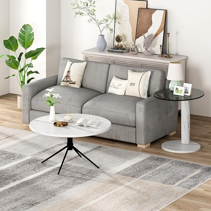 Hooseng Set of 2 Round Coffee Tables, Faux Marble Top and Modern Tempered