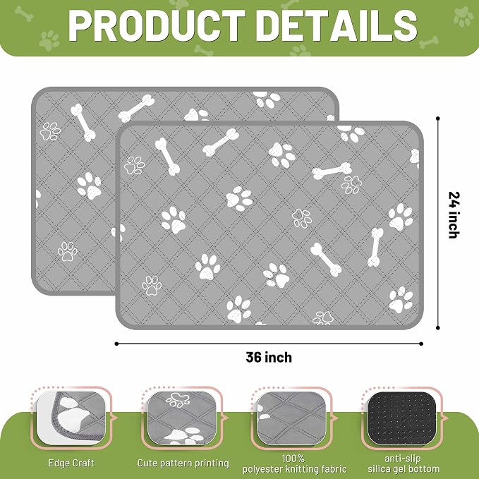PatiencET Washable Pee Pads for Dogs, 24'' x 36" Reusable Puppy Pads with Super Absorbent, 2 Pack Puppy Potty Pads with Waterproof Bottom for Pet Training, Housebreaking and Incontinence