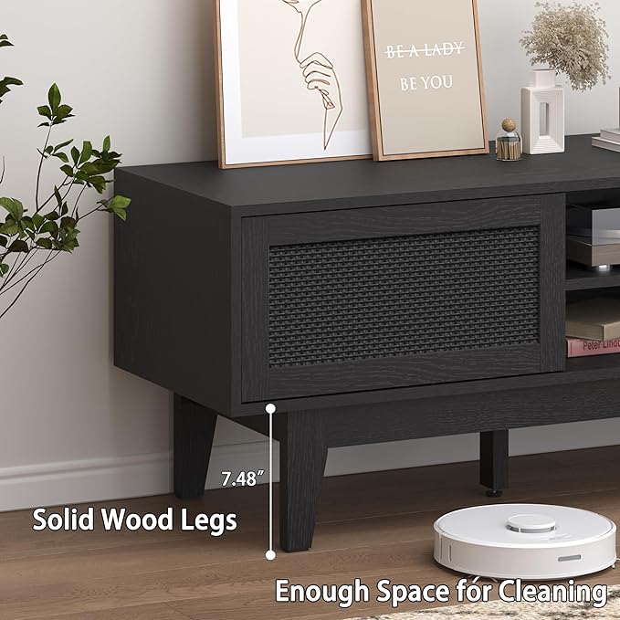 Xixini Boho TV Stand for 55 65 Inch TV, Rattan Entertainment Center