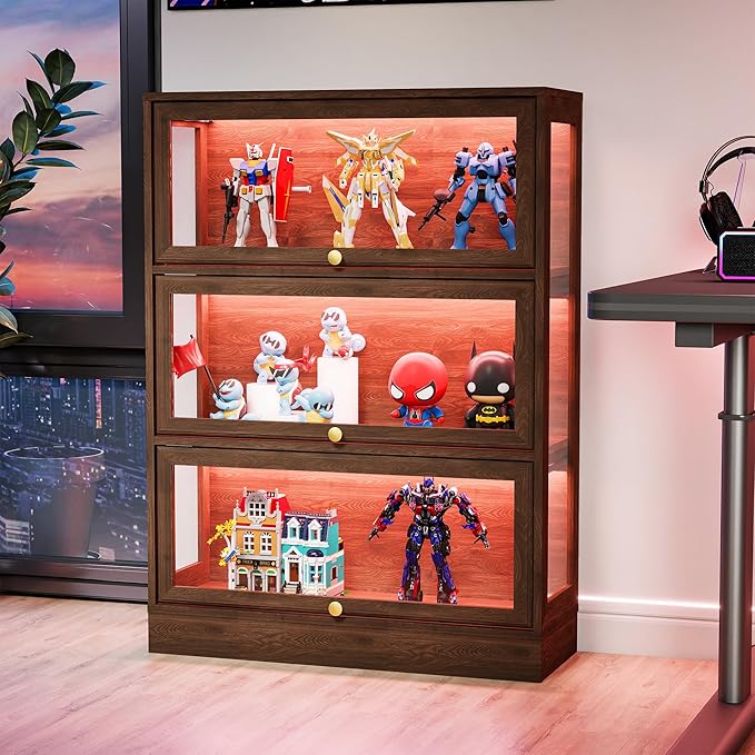 Display Cabinet with Acrylic Glass Doors, 3-Tiers Curio Cabinet with LED