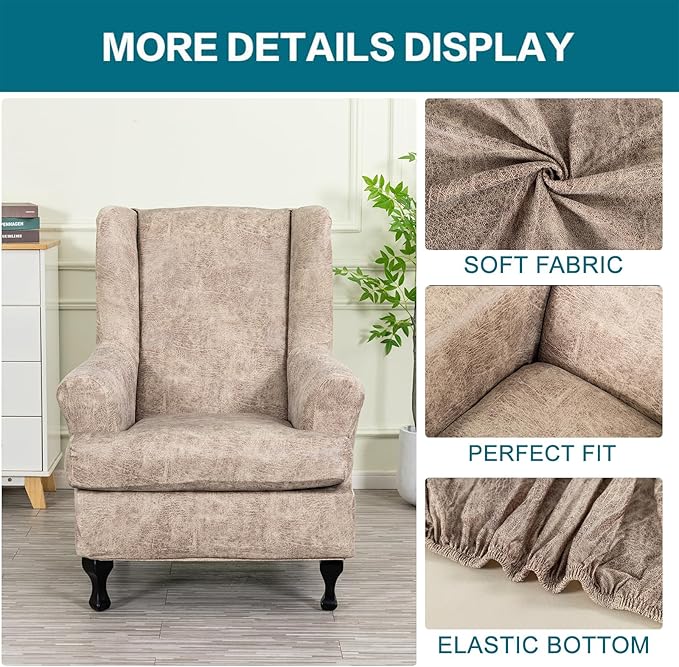 KRFOONN Wing Chair Slipcovers 2 Piece Stretch Leather Look Wingback Chair