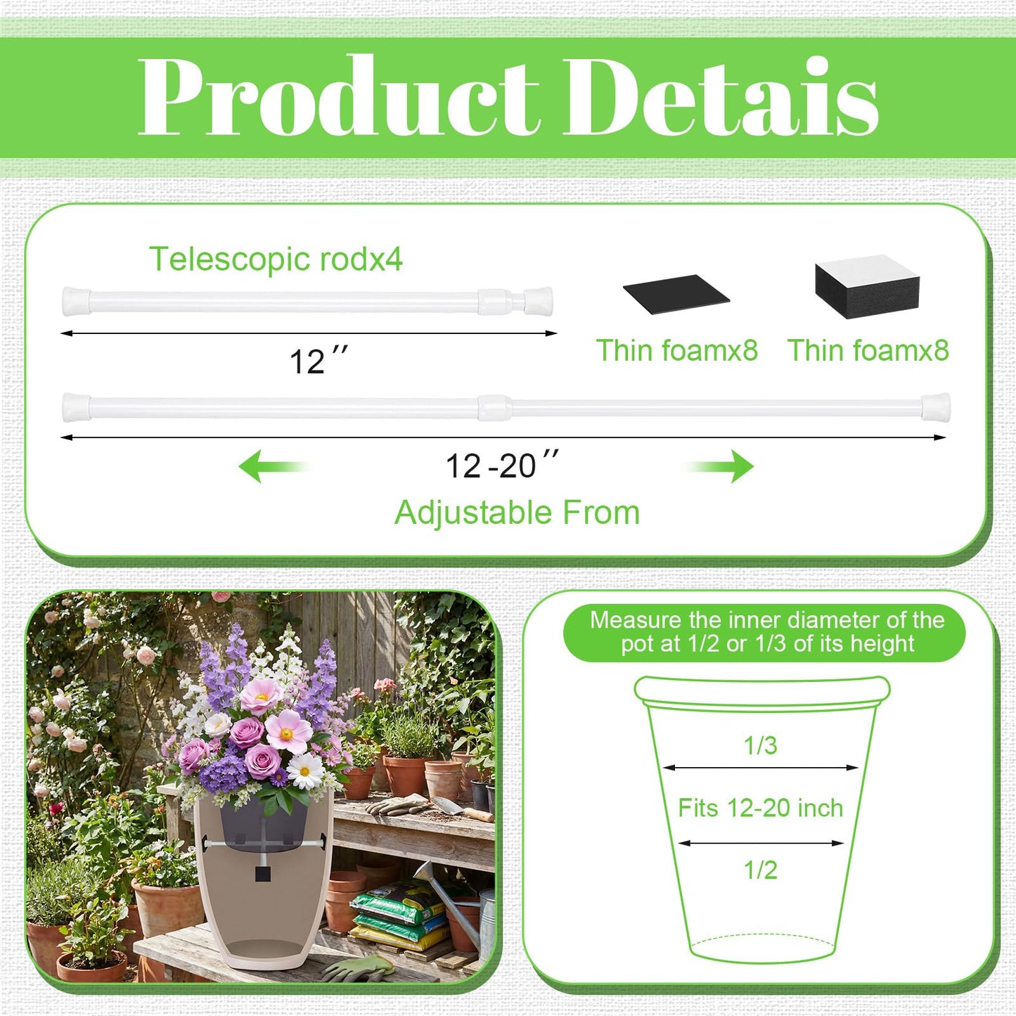 Novabright 4 Pack Adjustable Plant Risers 12-20" Planter Inserts for Inside Pots, Pot Fillers for Indoor Outdoor Conical, Round, and Square Tall Planters, Easy to Install