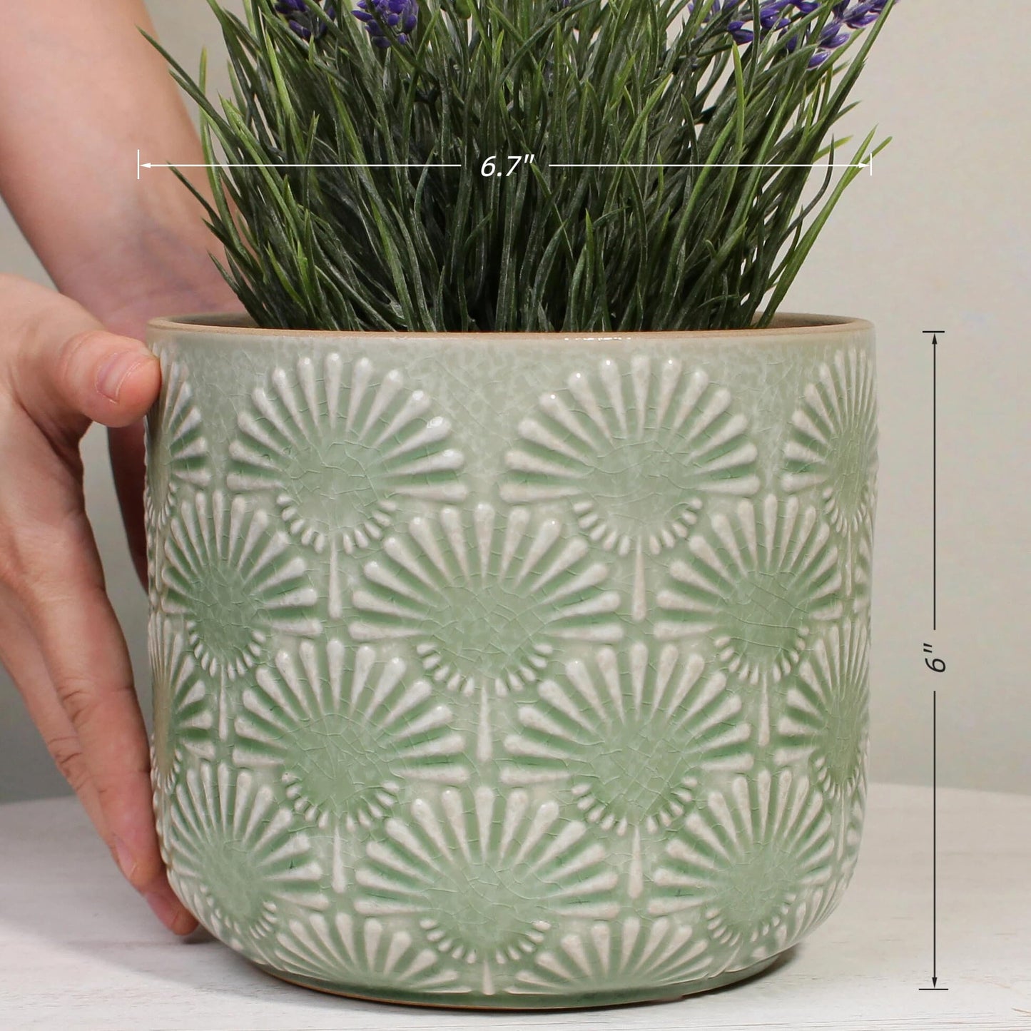 Xiaan Jiaju Boho Embossed Ceramic Flower Pot, 6.7 Inch Contemporary Pots for Indoor Plants, Scandinavian Decorative Glazed Planter with Fan Pattern, Mint Green