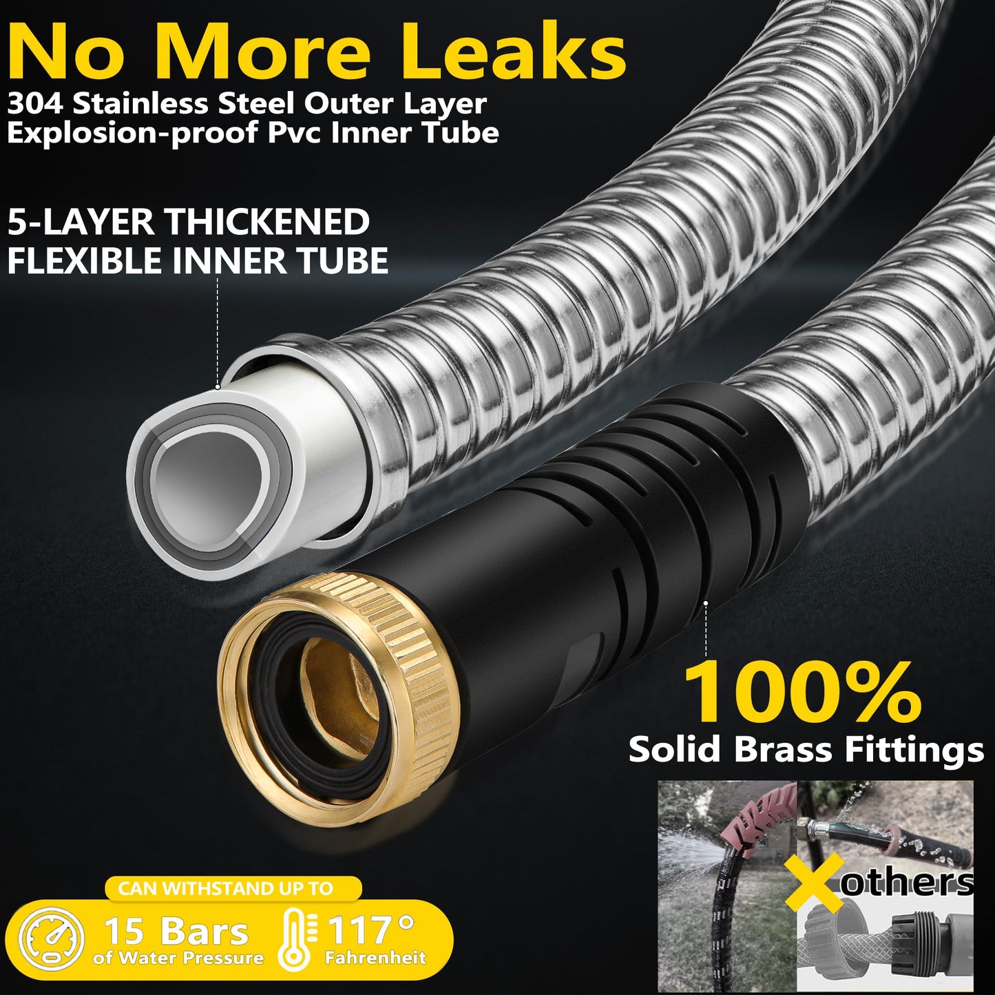 50 ft Stainless Steel Garden Hose - 2026 New Upgraded Metal Water hose - Flexible Water Hoses Pipes with Latex Core, 3/4" Solid Brass Connector - No-Expandable Watering Garden Hoses