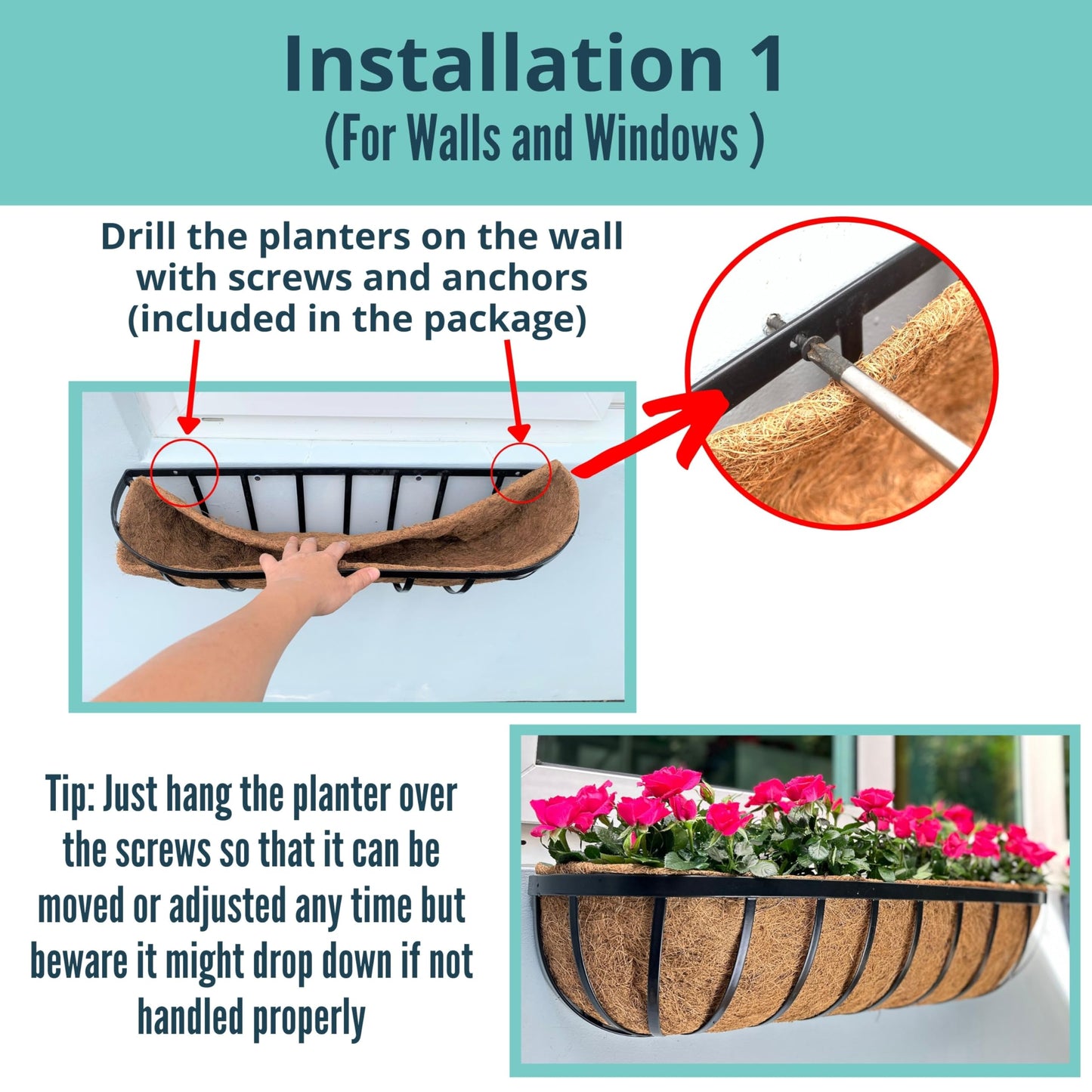 LaLaGreen Fence Planters for Outdoor Plants (24 Inch, 4 Pack) Black Metal Window Boxes Planter To Attach To House, Wall Mounted Flower Coco Baskets Outside Deck Railing Balcony Garden Porch Patio Rail