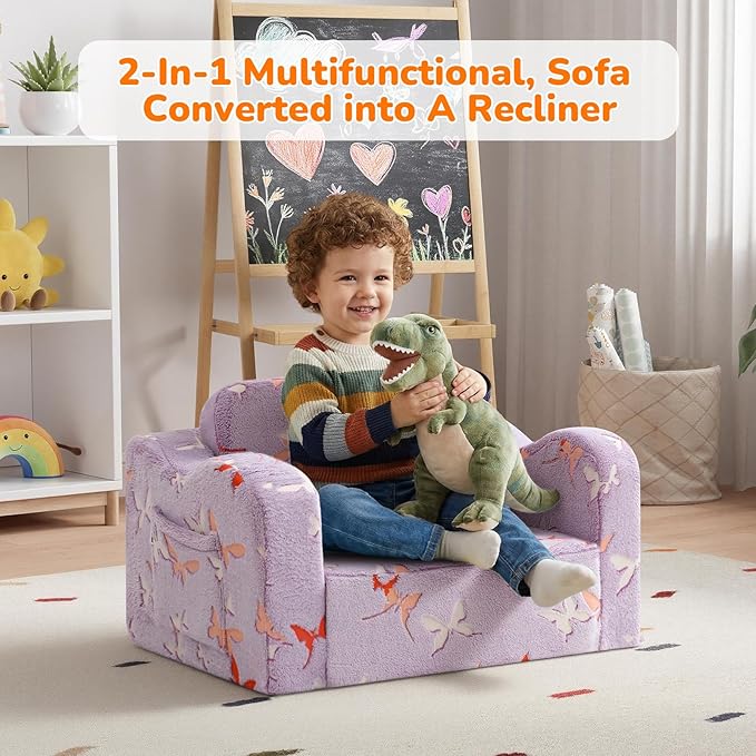 MeMoreCool Glowing Butterfly Kids Chair, 2-in-1 Foldable Kids Couch