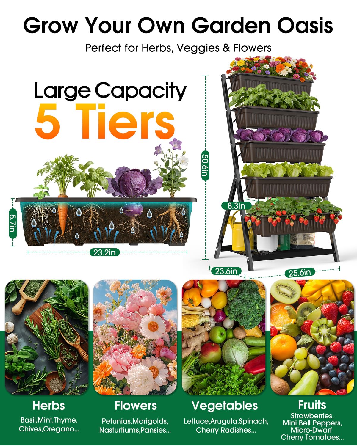 Olaiti 5-Tier Vertical Garden Bed Planter Boxes with Drainage System & Storage Space, Freestanding Vertical Garden Planter with 5 S-Hooks for Plants Vegetables Flowers Herbs in Garden Patio Yard