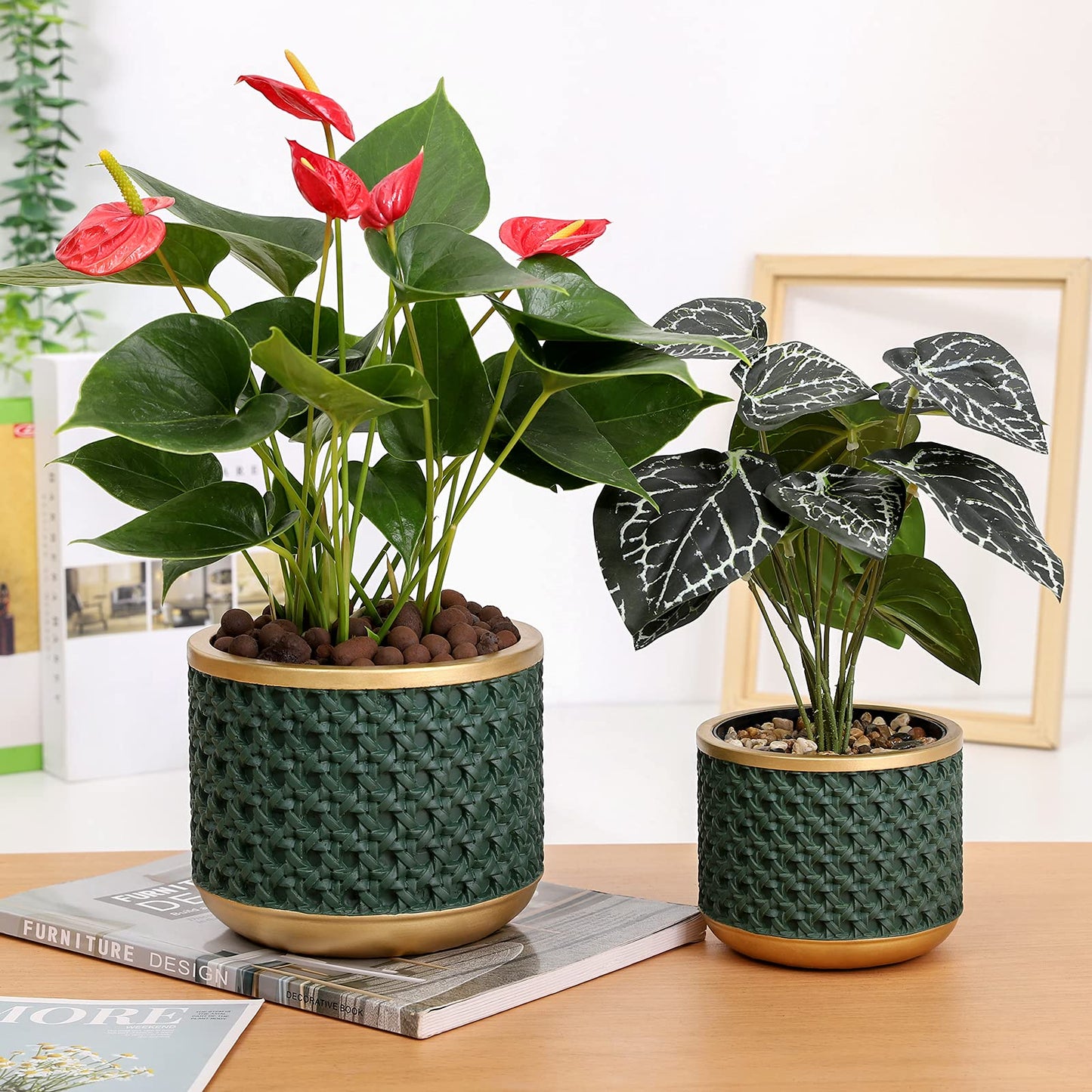 Ten-stone 6&4.4 Inch Cement Planter Decorative Pots with Drainage Hole for All House Plants, Succulents, Flowers, and Cactus (Gold Green)