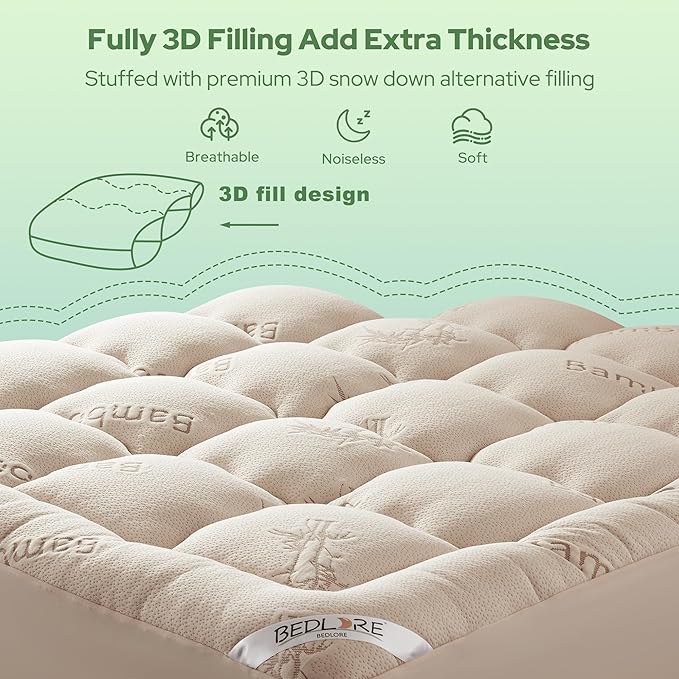 BEDLORE King Mattress Topper Viscose Derived from Bamboo, Thick Pillow Top