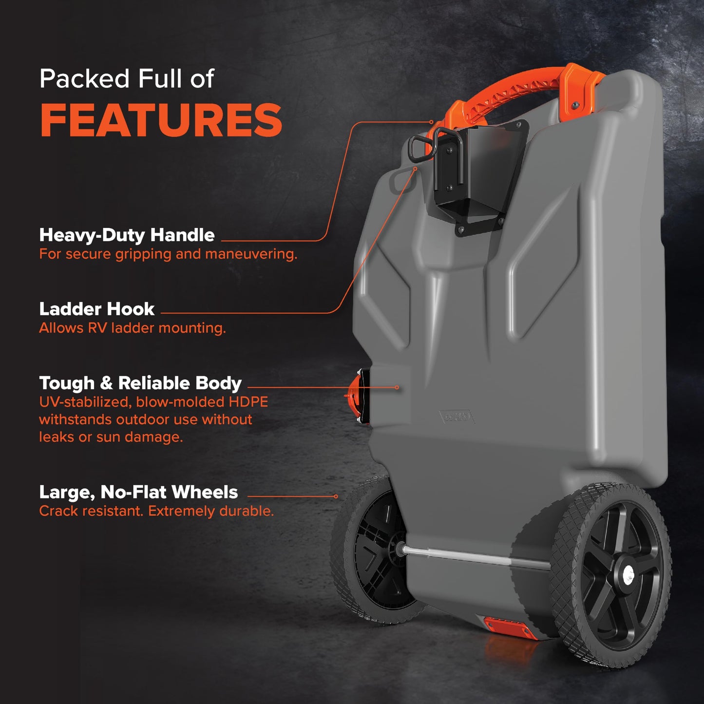 Camco Rhino 36-Gallon Camper/RV Tote Tank - Features Large Heavy-Duty No-Flat Wheels & Built-In Gate Valve - Removable Steel Tow Adapter, 3’ Sewer Hose & More RV Accessories (39006)