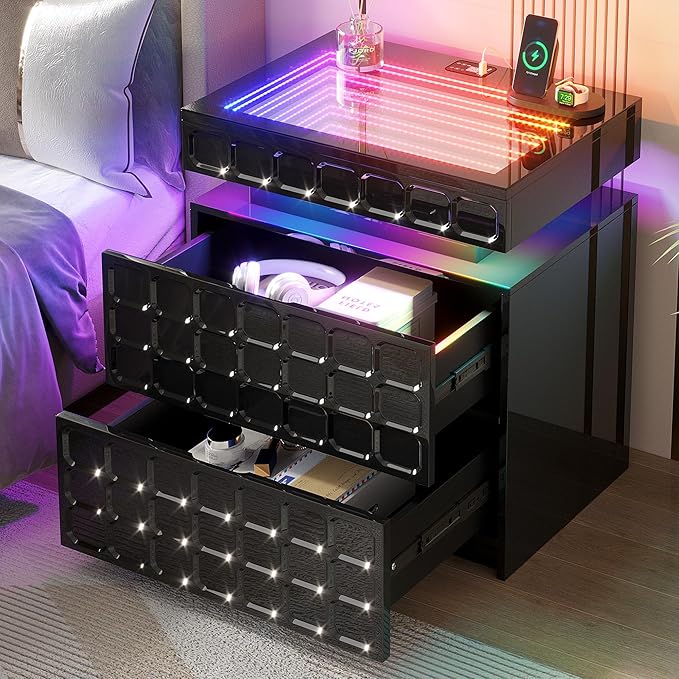 Night Stand with Charging Station and Smart RGB Lights, LED Nightstand with