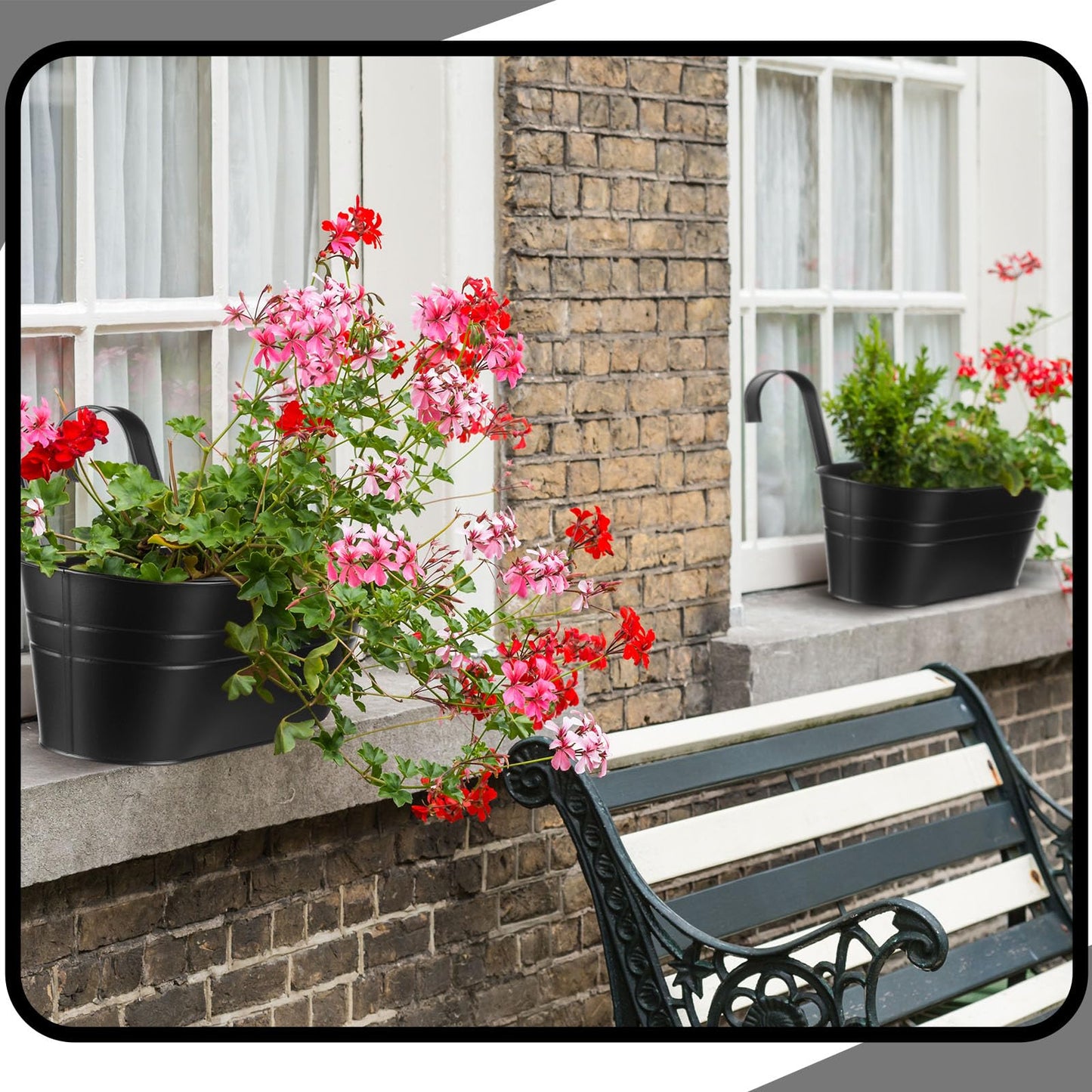 Hicarer Metal Hanging Flower Pots for Railing Fence, Large Hanging Rail Planters for Outdoor Window Balcony Plants Holder with Hooks for Garden Yard Home Decor(Black,4 Pcs)