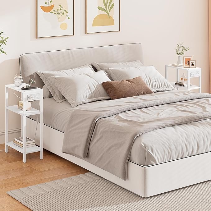TUTOTAK Narrow Side Table with Charging Station, Small End Table with USB Ports