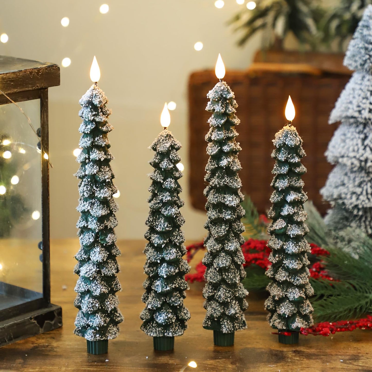 MUMCHASI 4 Pcs Flameless Taper Candles, Christmas Tree Candles with Remote, Battery Operated Candlesticks, Flickering LED Window Candlelights Real Wax Christmas Candlesticks H9.45,11.4”Green