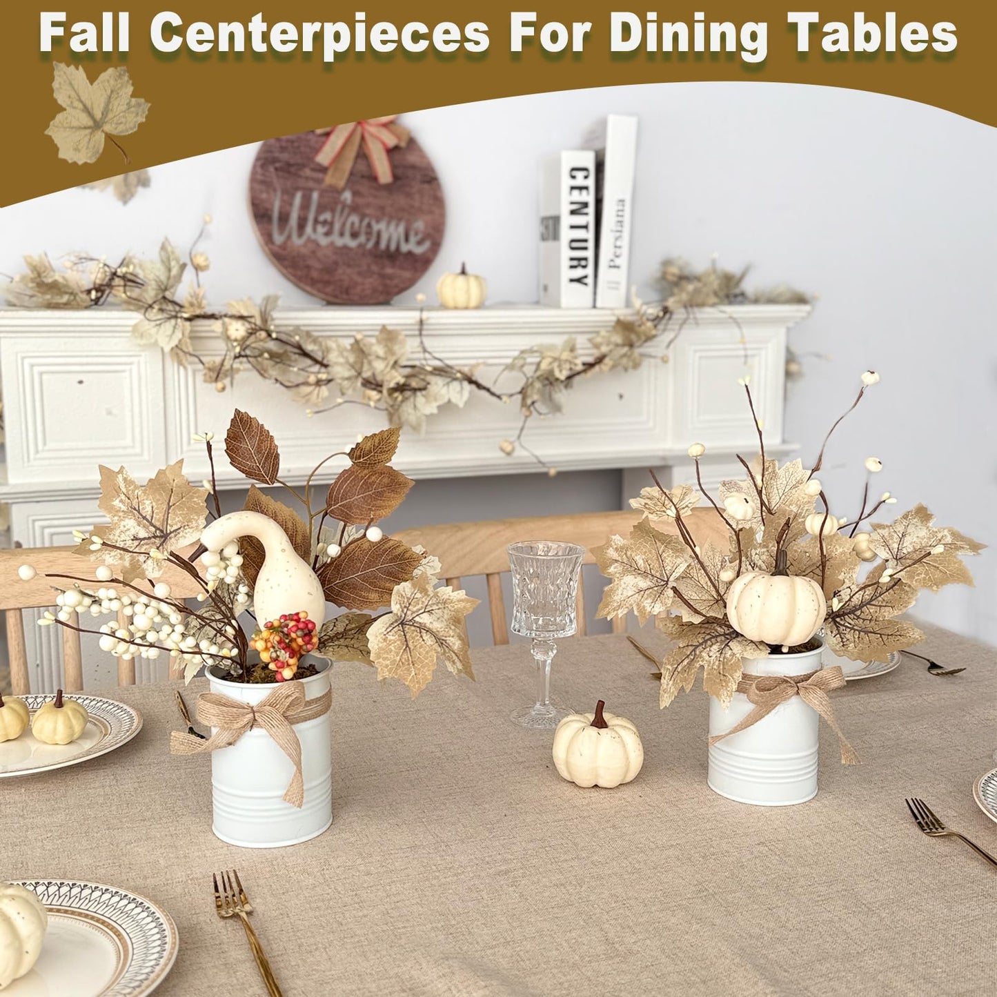 2 Pack 12" Fall Decorations Fall Centerpieces for Tables Potted White Maple Arrangement in Metal Pot White Pumpkin Berried Autumn Thanksgiving Decorations for Home Table Kitchen Office Farmhouse Decor