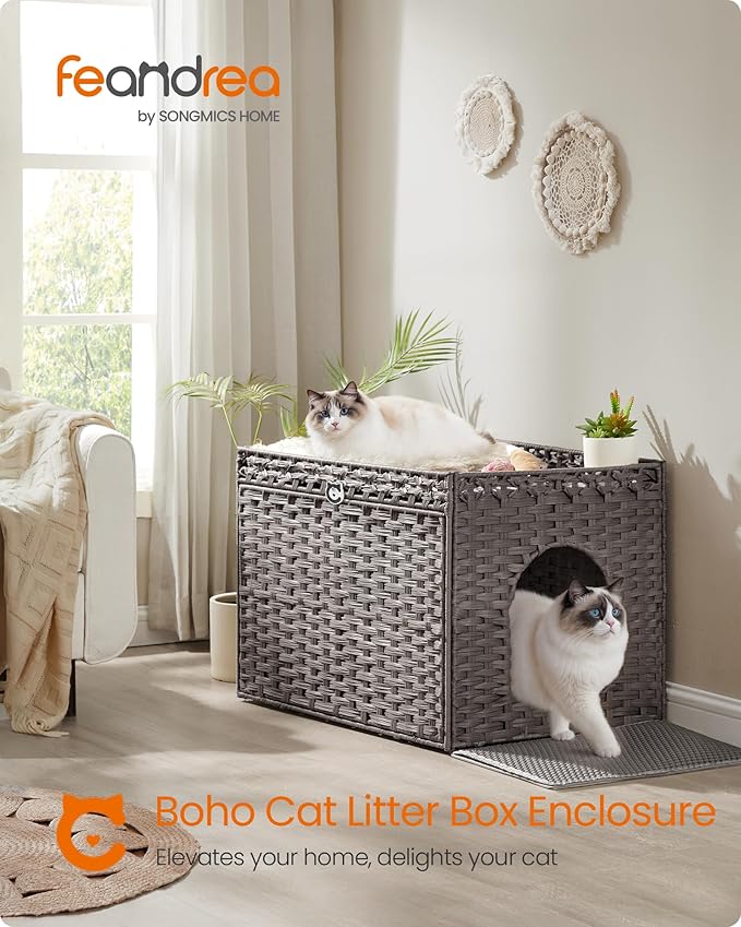 Feandrea Cat Litter Box Enclosure, Handwoven Rattan Hidden Litter Box Furniture