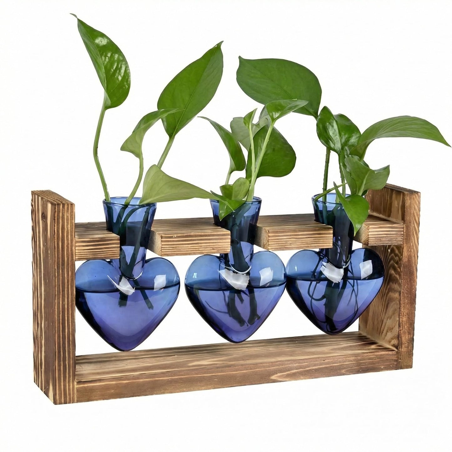 Plant Propagation Station 3Pcs Heart Vase with Wooden Stand Tabletop for Hydroponics Indoor Home Table Decor for Her Plant Lovers Women Mom Wife Daughter (Blue)