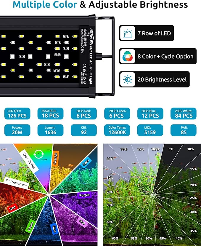 SEAOURA LED Aquarium Light, 24/7 Custom Timer, Power-Off Memory,7-Row LED 18-24in Full Spectrum Fish Tank Light, 8 Colors, 20 Brightness, Day&Night Cycle, Adjustable Mount for Freshwater Plant Growth