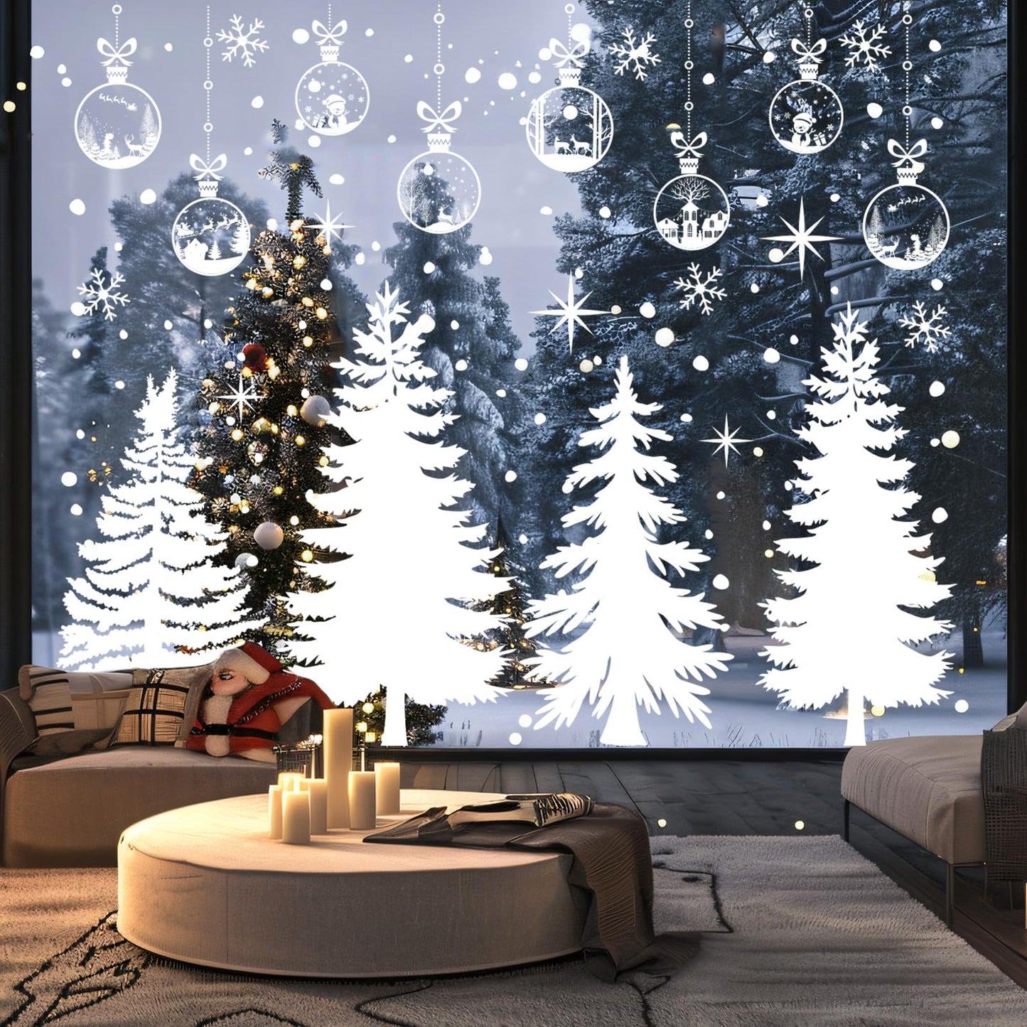 JarThenaAMCS 13.8 * 35.4'' Extra Large Winter Christmas Window Clings 4 Sheets White Xmas Tree Ball Window Stickers Double-Sided Glass Decals for Home Classroom Office Party Decoration