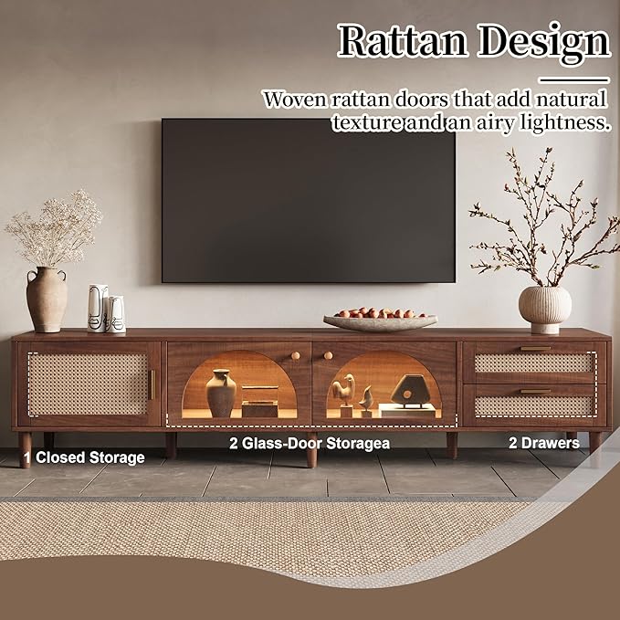 Merax Rattan TV Stand with LED Lights, Solid Wood Feet, Living Room, Bedroom