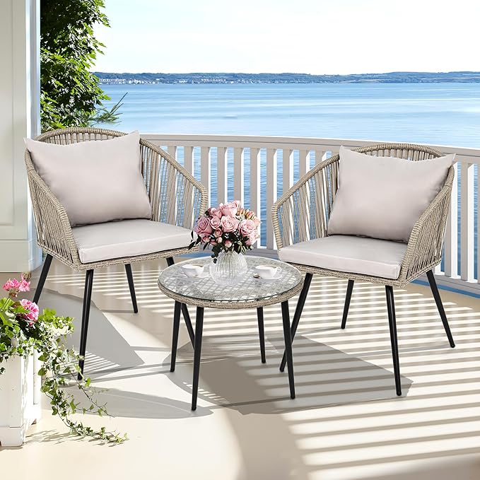 YITAHOME 3-Piece Wicker Small Patio Balcony Chair Set, Outdoor Rattan