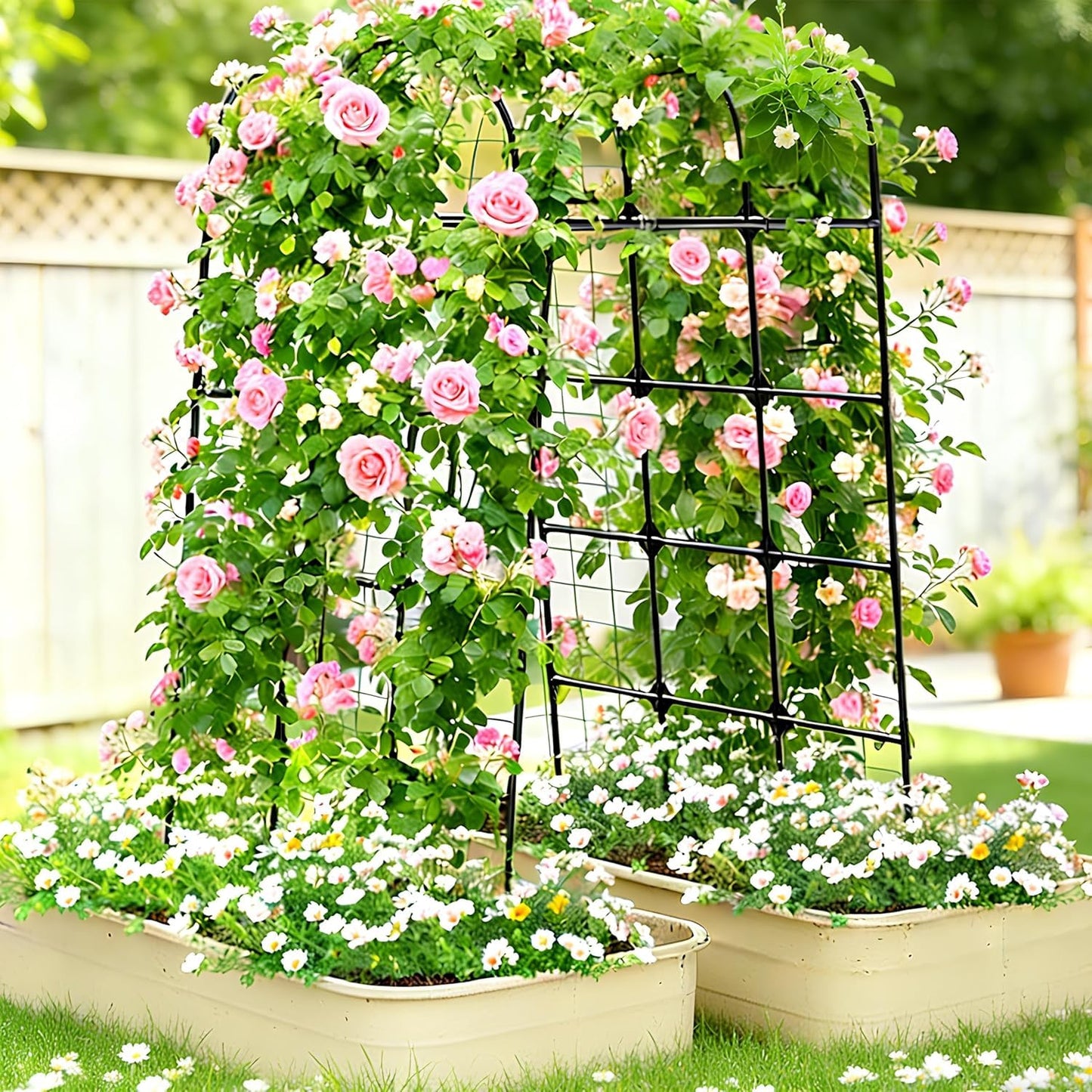 7.3FT Cucumber Trellis for Raised Bed, Garden Arch Trellis with Net, Rustproof Metal Plant Support for Climbing Plants Outdoor, Tomato Zucchini Squash Bean Pea Melon Vine, Rose Flower Garden Arbor