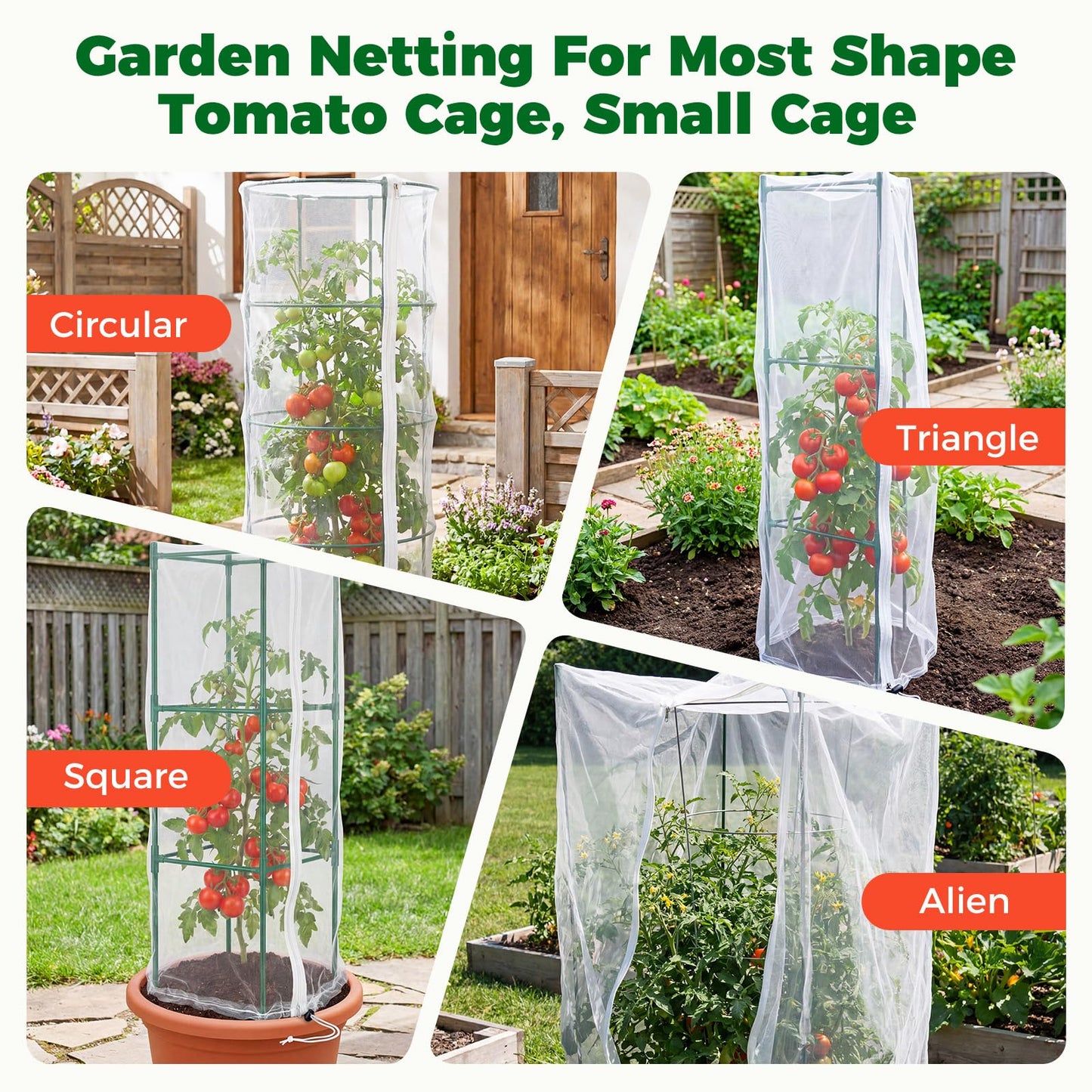 3Pcs Garden Bird Netting Plant Cover for Tomato Cage, 67" x 17.7" Insect Bird Barrier Tomato Cage Net with Zipper, Tomato Trellis Plant Netting Cover for Square Tomatoes Cages Plants Garden Protection