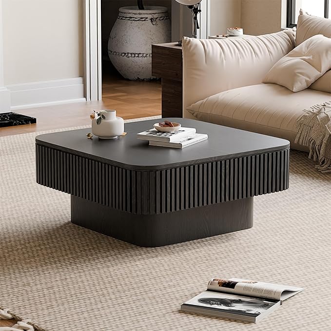 Square Coffee Table for Living Room, Fluted Drum Accent Tea Center Table