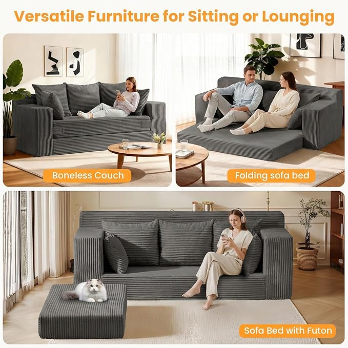 Oversized Boneless Loveseat, 3 Seater Pull Out Convertible Sofa Bed