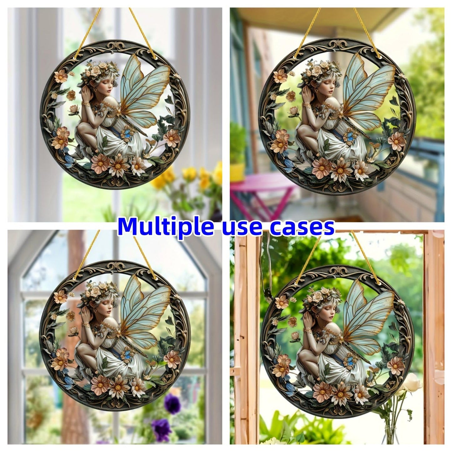 VTYFRY Flower Fairy Garden Decorations Angel Wing Christmas Halloween Deco Statue Art Elf Sculpture Hanging Craft for Outdoor Yard Courtyard Lawn Patio Window Acrylic Ornament Home Gift (A,L: 8*8 IN)