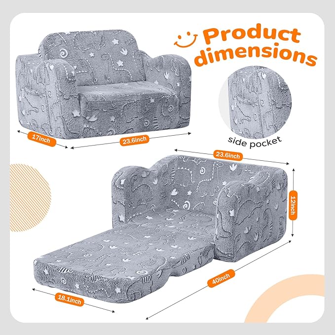 MeMoreCool Glow-in-the-Dark Dinosaur Kids Couch, 2-in-1 Foldable Kids Couch and
