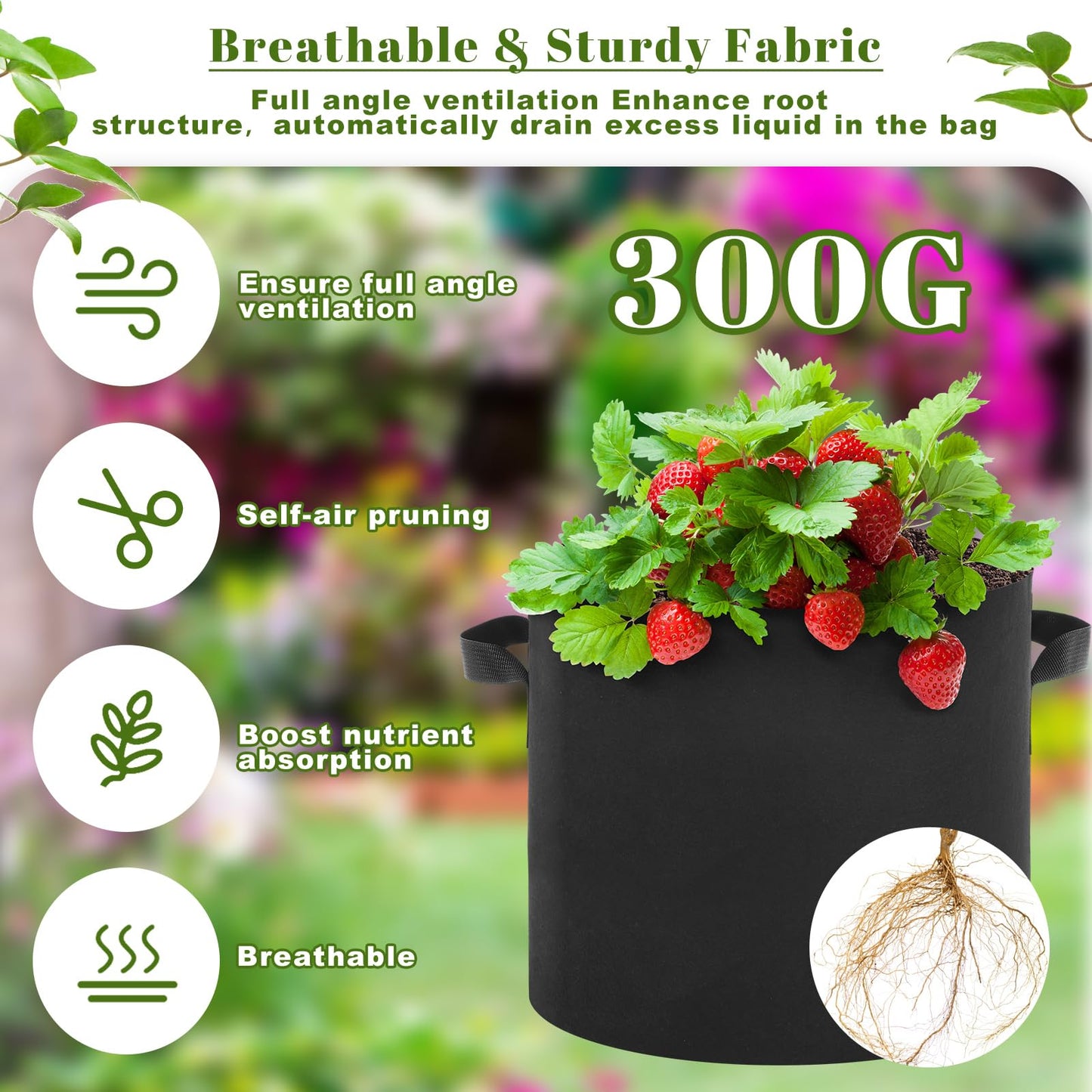 Wovnet 10 Pack Plant Grow Bags 15 Gallon 5 Gallon 3 Gallon Heavy Duty 300g Thickened Nonwoven Aeration Fabric Pots with Handles for Garden Indoor & Outdoor Planting, Moisture Retaining