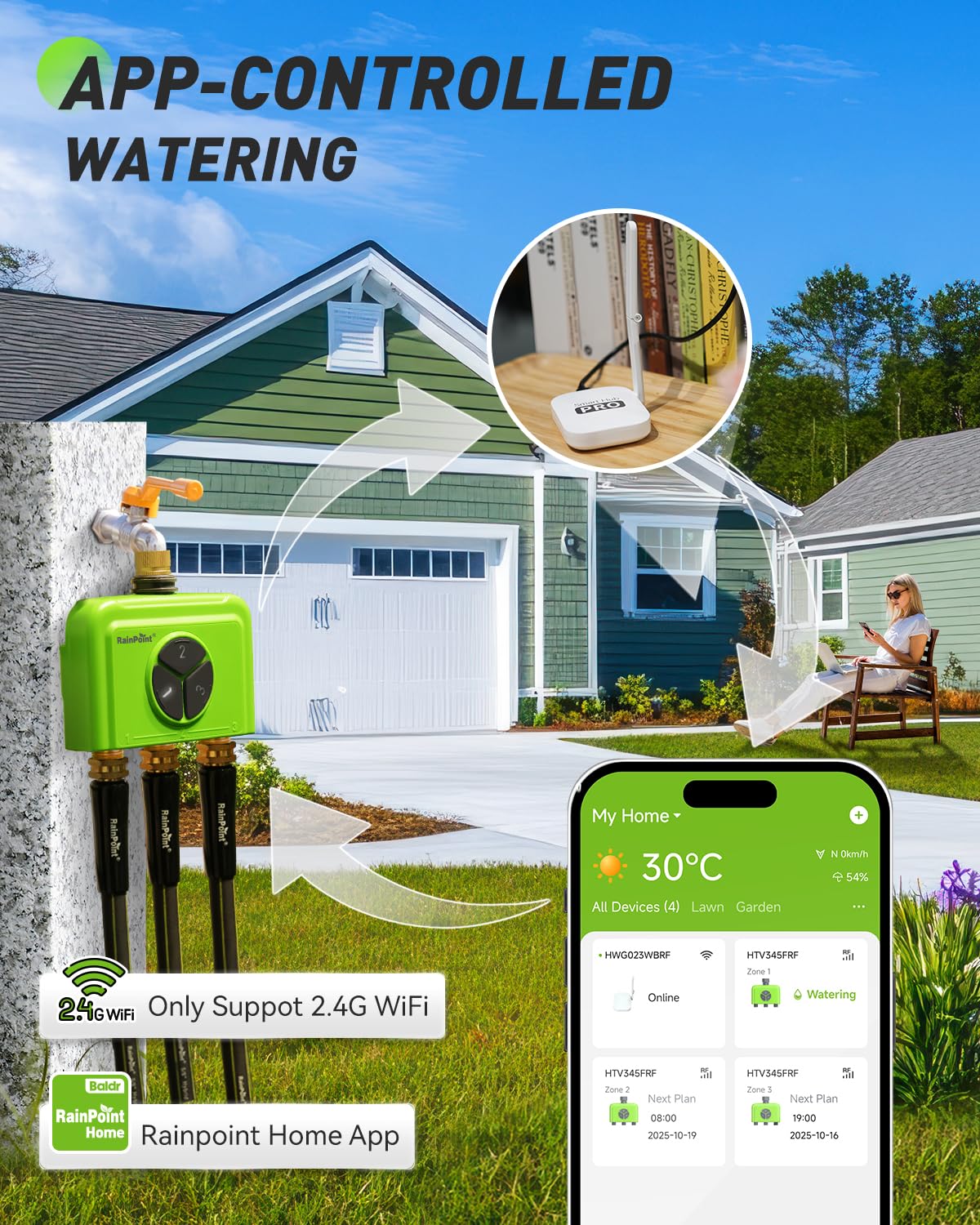 RAINPOINT 3 Zone WiFi Water Timer with Smart Gateway, Brass Inlet/Outlet WiFi Sprinkler Timer, Voice Control, Smart Watering System by Time/Weather/Quantity/Soil Moisture, Rain Delay & Manual Watering