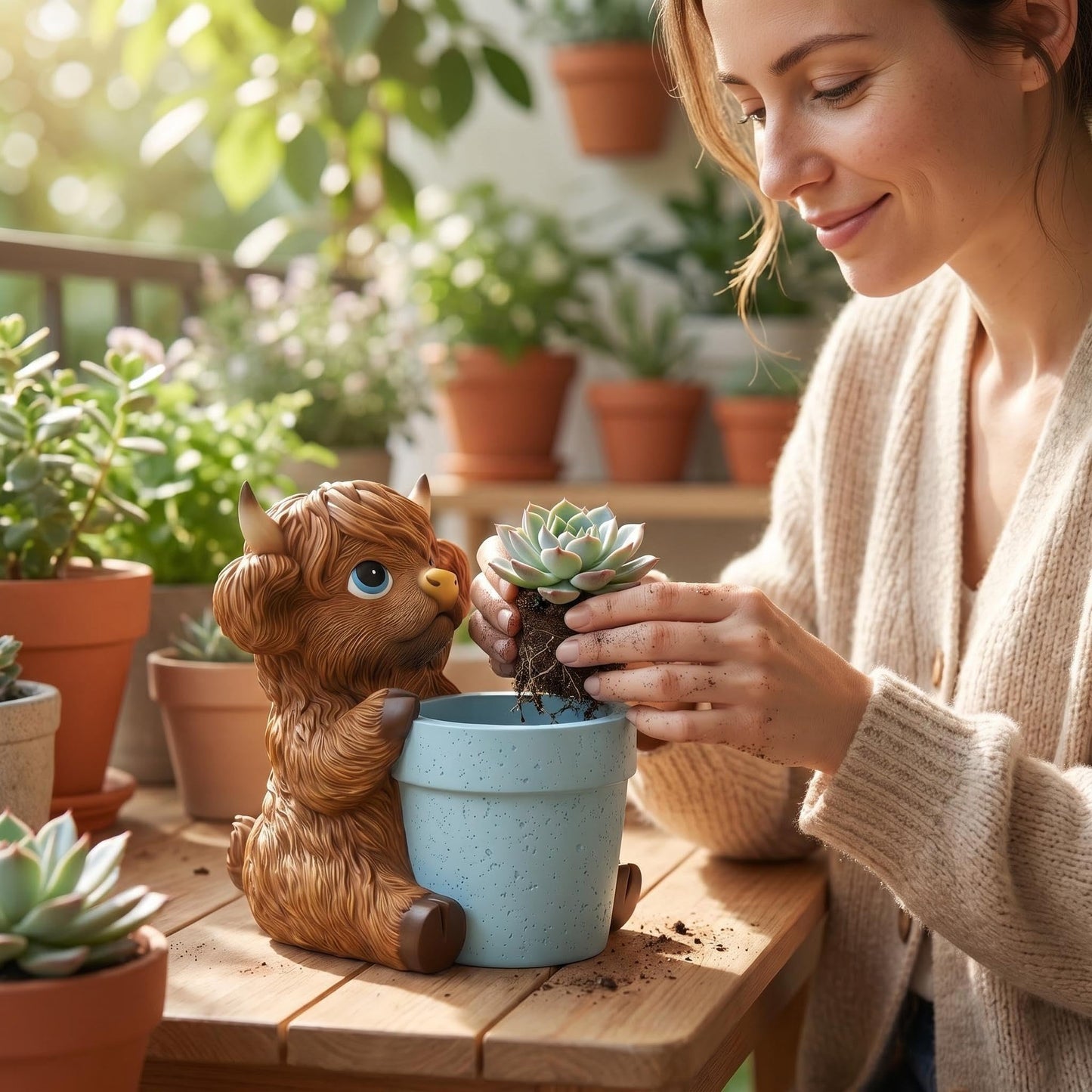 Zhao Xiang Highland Cow Succulent Planter - Rustic Resin Animal Flower Pot & Decorative Figurine | 5" D x 7" W x 6.5" H, Brown