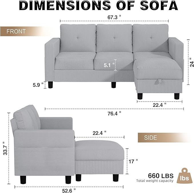 JAMFLY Convertible L-Shaped Sectional Sofa