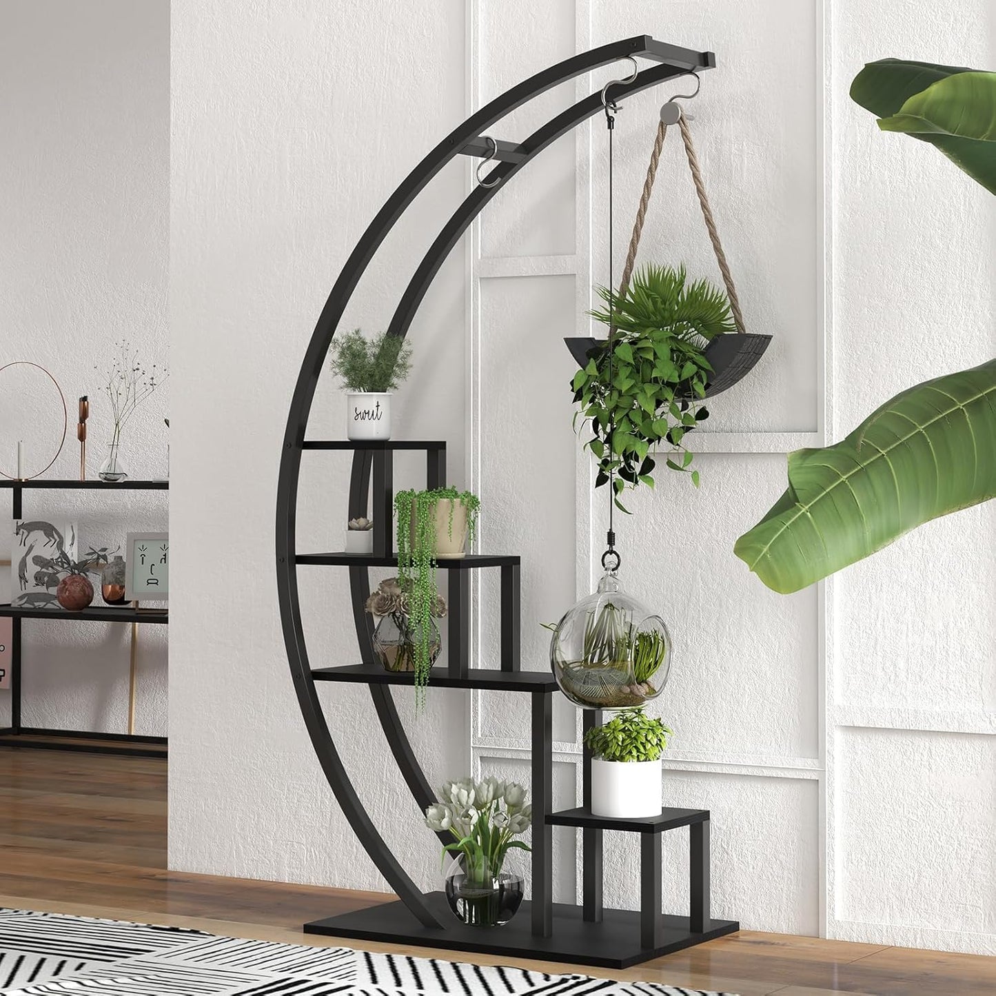 GarveeLife Plant Stand Indoor 5 Tier Tall, Metal Half Moon Plant Shelf 2 Pack, Stylish Tiered Flower Rack for Multiple Plants Display, Tall and Space-Saving Design