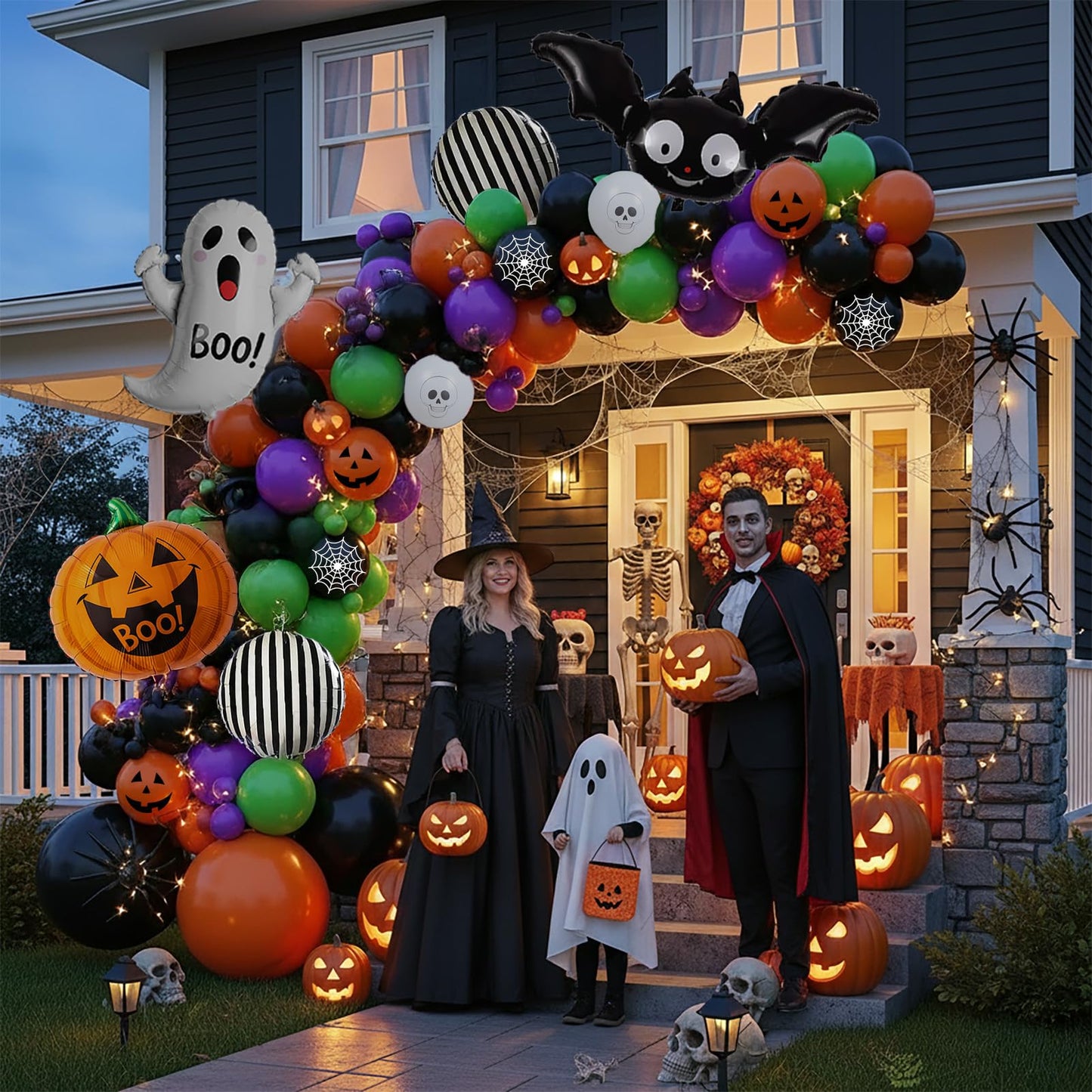 Halloween Decorations with Orange Black Green Purple Balloon Garland Arch & Spider web Bat Ghost Pumpkin Stripes foil Balloons for Horror Night one spooky Trunk or Treat Car Party Boo day Supplies