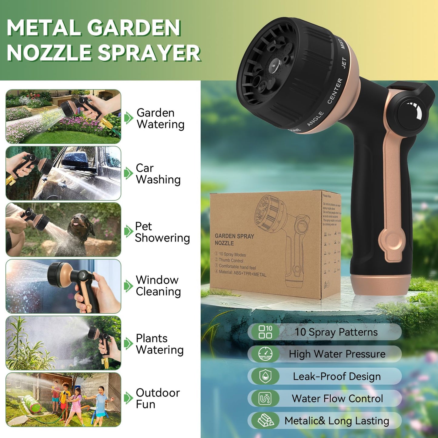 Garden Hose Nozzle Heavy Duty,Metal Water Hose Nozzle with 10 Adjustable Spray Patterns, High Pressure Hose Sprayer Nozzle Thumb Control On Off Valve for Lawn & Plant Watering, Car & Pet Washing