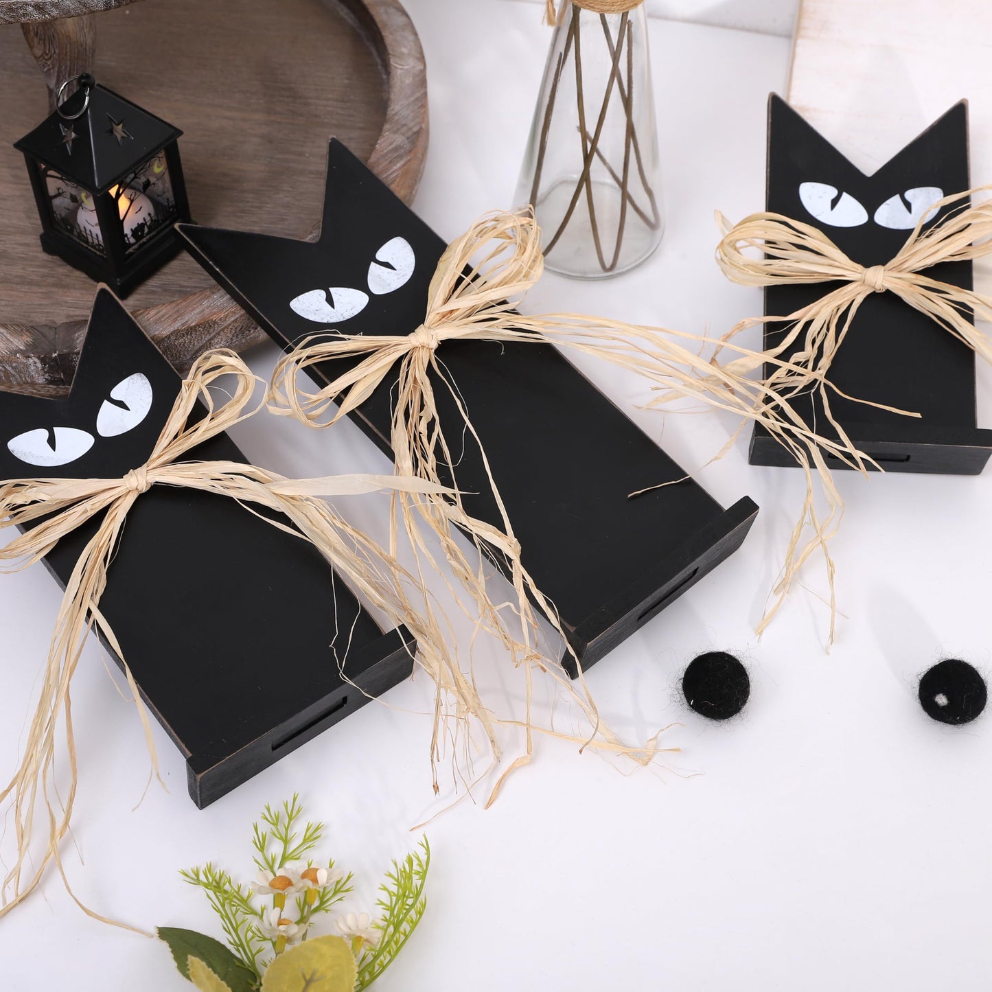 Set of 3 Wooden Black Cats Table Decor – Rustic Halloween Decorations, Tiered Tray Accents, Farmhouse Spooky Black Cat Figurines in 3 Sizes