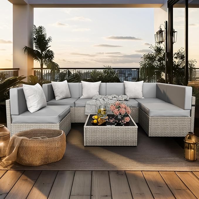 Pamapic 7 Piece Outdoor Sectional Furniture Set, All-Weather Wicker Patio