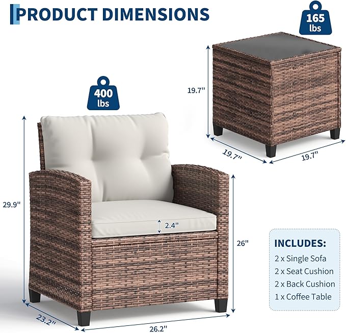 GarveeHome 3-Piece Outdoor Wicker Sofa Set, PE Rattan Patio Furniture