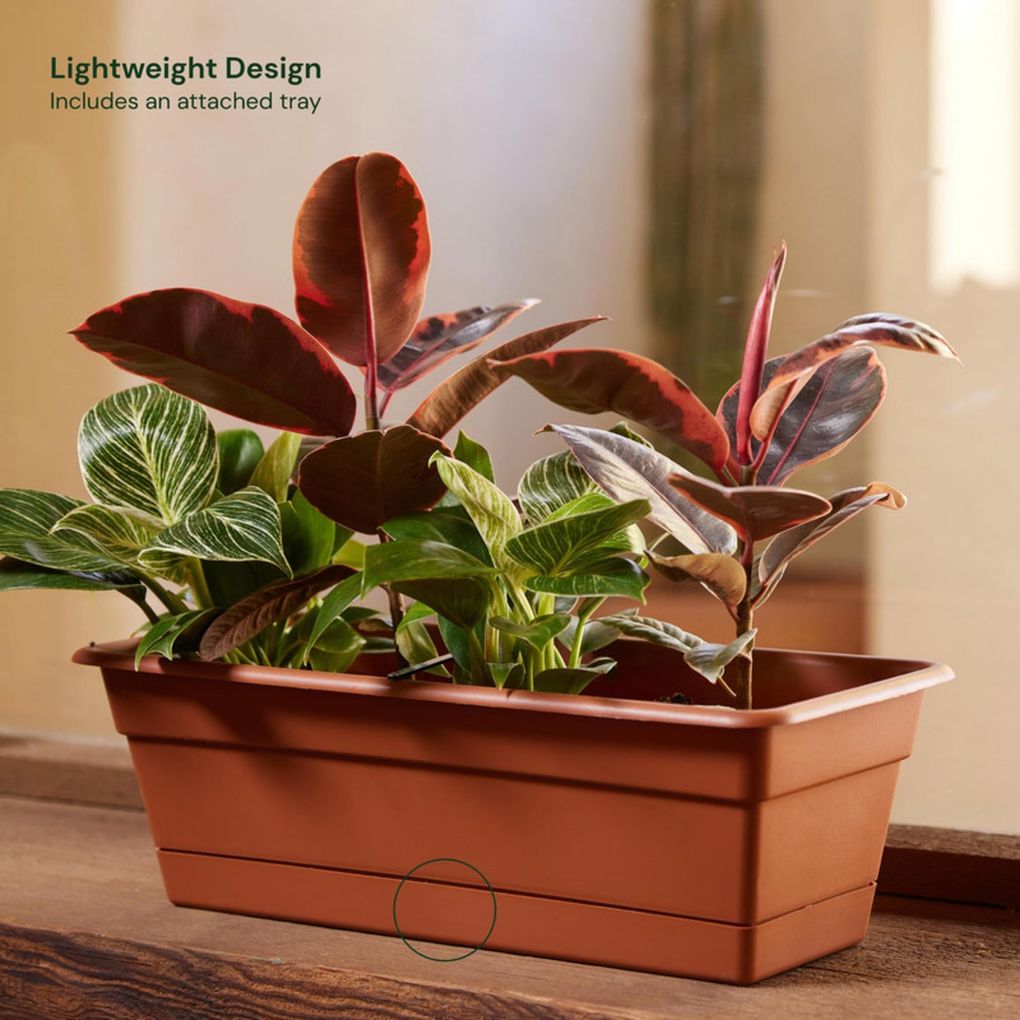 Bloem Dura Cotta 18" Plastic Window Box Planter with Saucer Tray: Indoor/Outdoor, for Windowsill, Ledge, & Tabletop, Terra Cotta