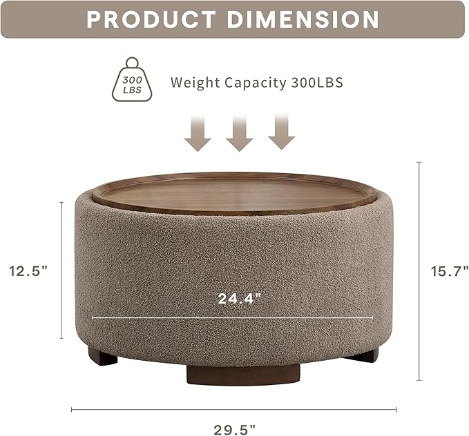 29.5 Inch Round Storage Ottoman Coffee Table, Modern Circle Coffee Table