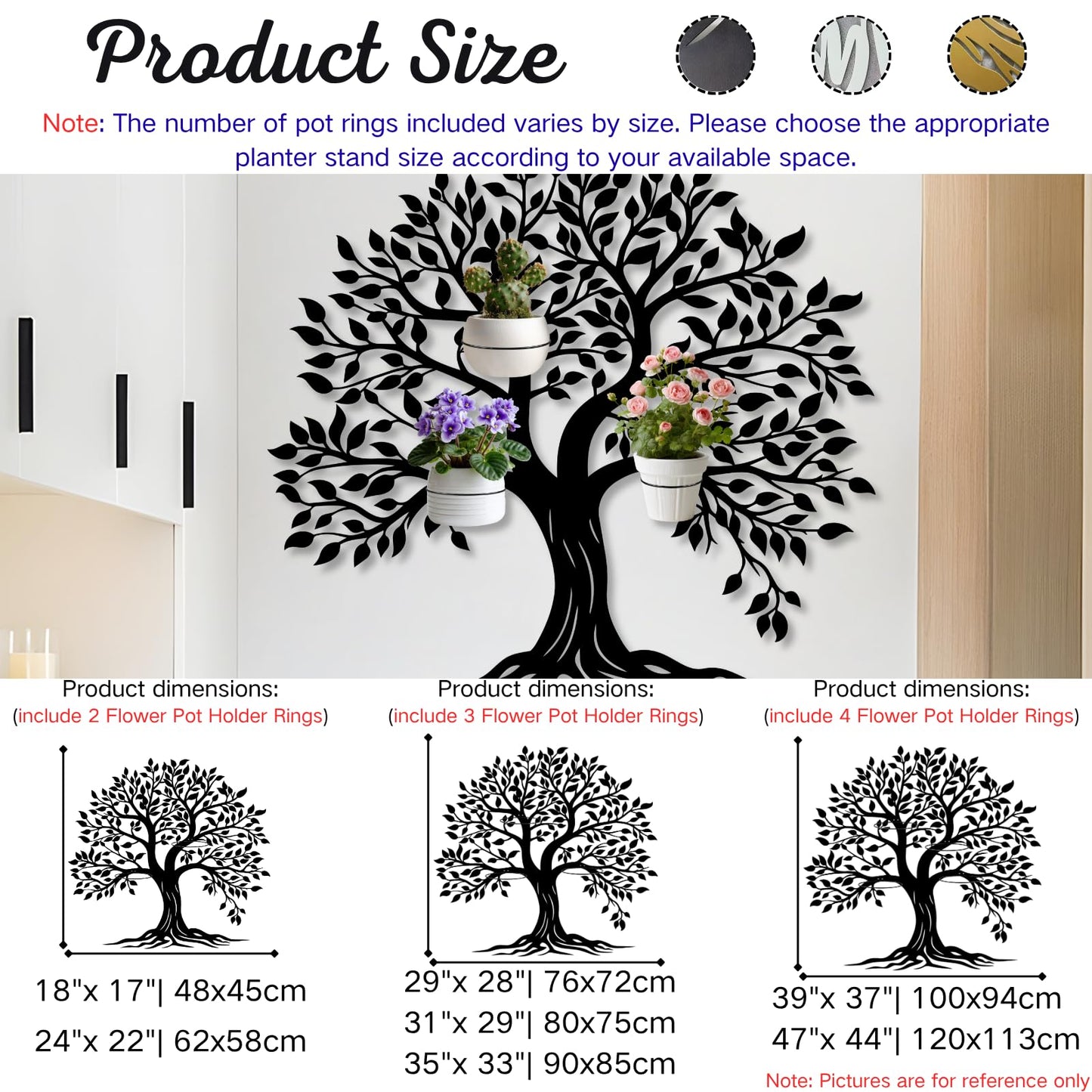 Tree of Life Metal Wall Mounted Plant Holder, Tree Wall Plant Holders Indoor Stand, Metal Hanging Plants Shelf for Living Room, Entryway (Black, 31"x 29"| 80x75cm, 3 Pack 6" Flower Pot Holder Ring)