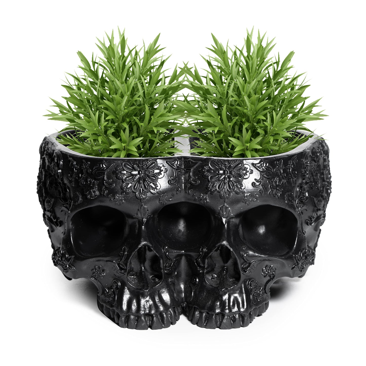 Spooky Double Head Skull Planter Pots 4" H Polyresin Skulls Succulents Outdoor & Indoor Plants & Flowers - Serving Bowl, Skeleton Home Black Goth Décor