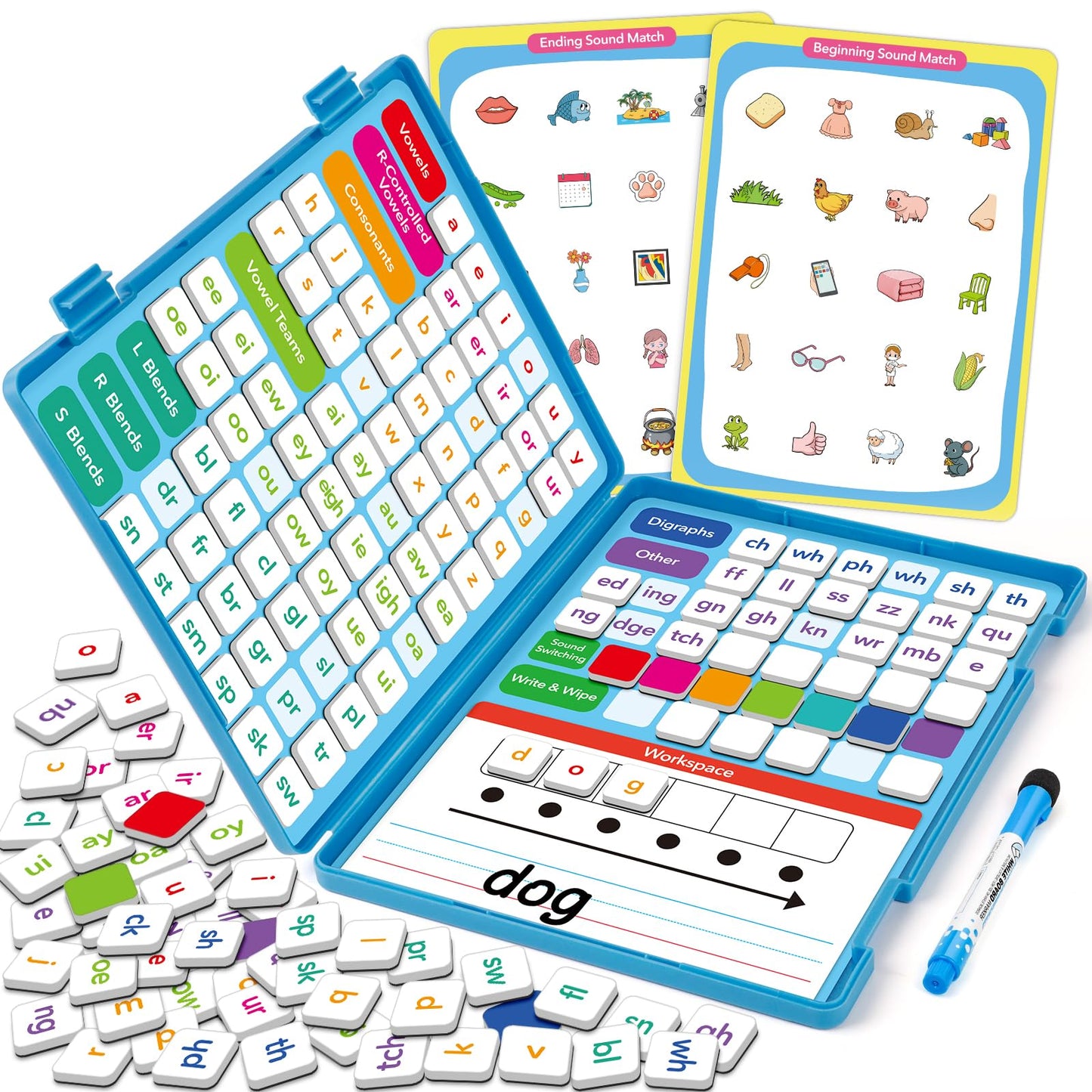 Phonics Magnetic Letter Tiles,Phonics Games Magnetic Letters,Reading Spelling Games with Word Build Boards & All-in-one Storage Case,Word Family Build Game for Preschool Pre k Kindergarten Classroom
