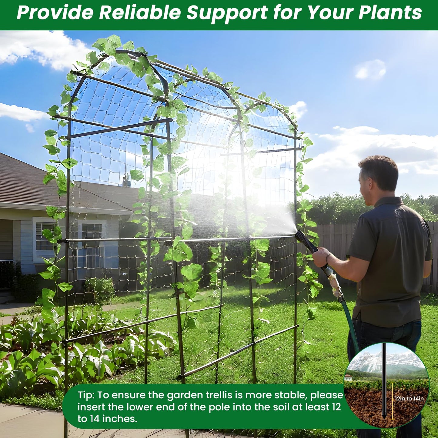 PKBD Tall Garden Arch Trellis for Climbing Plants Outdoor, 7.5 ft Tall Polyethylene-Coated Stainless Steel Garden Arch for Climbing Vine Vegetable/Fruit/Flower, Cucumber Trellis for Raised Bed, Black