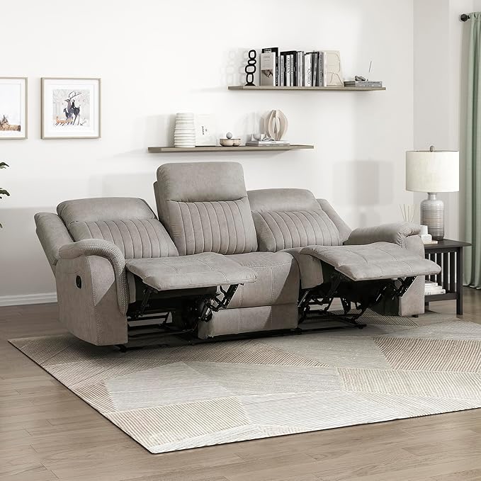 Lexicon Manual Double Reclining Sofa, Polished Microfiber Upholstered 3 Seater