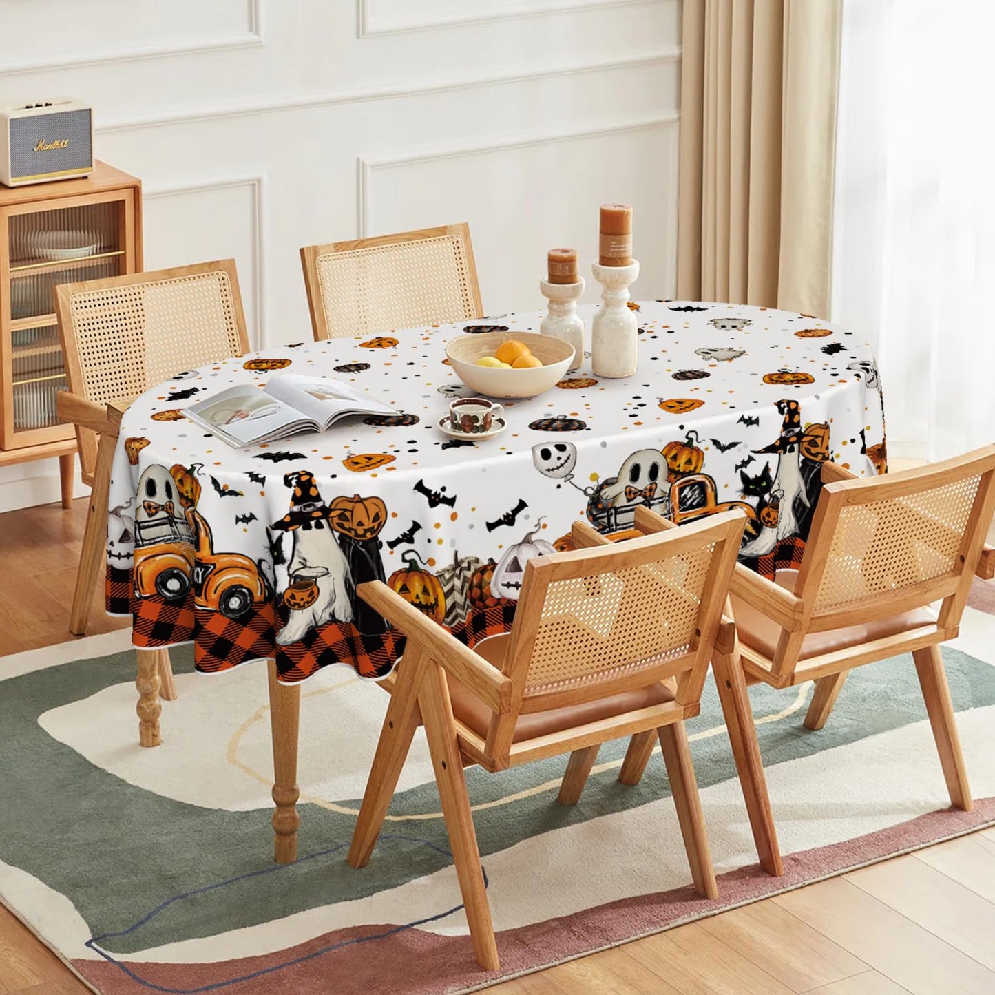 Horaldaily Halloween Tablecloth 60×84 Inch Oval, Buffalo Plaid Jack-O-Lantern Pumpkin Bats Ghost Truck Washable Table Cover for Party Picnic Dinner Decor